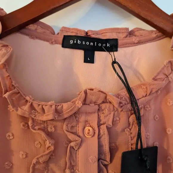 NWT Gibsonlook Short Sleeve Swiss Dot Full Placket Blouse, Mauve, Large - Picture 3 of 12